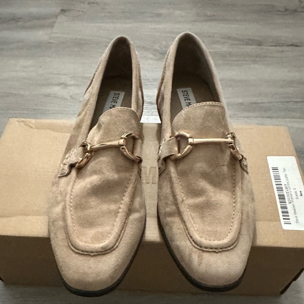 Steve Madden Tan Loafers with Gold Buckles